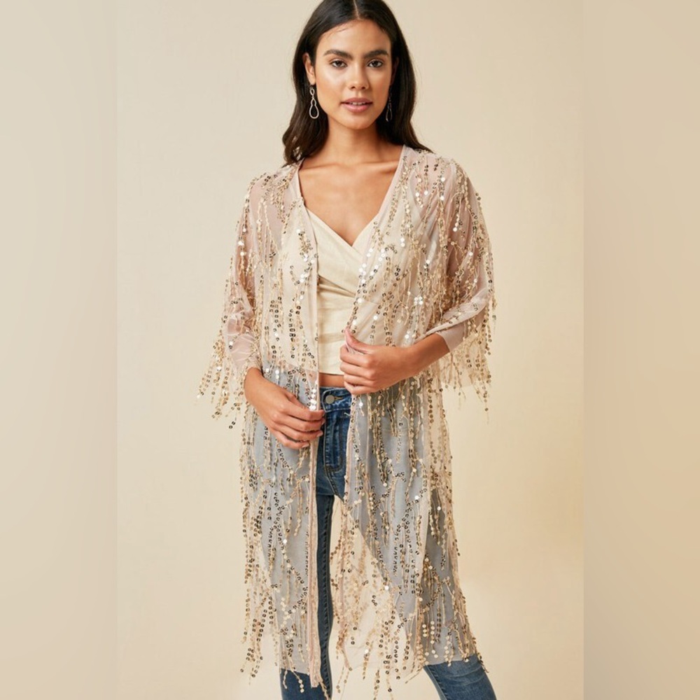 NWT Sequin Embellished Sheer Kimono Wrap Cardigan
